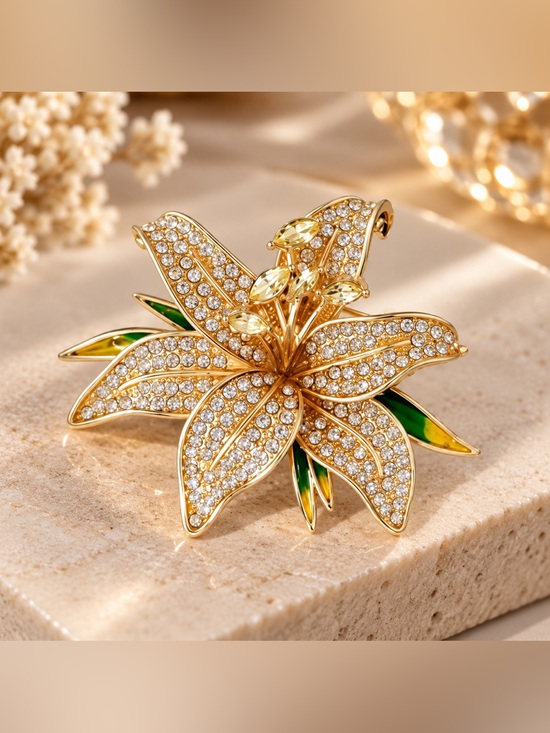 Jewelry - Gold-tone Crystal Lily Brooch with Green Enamel Accents